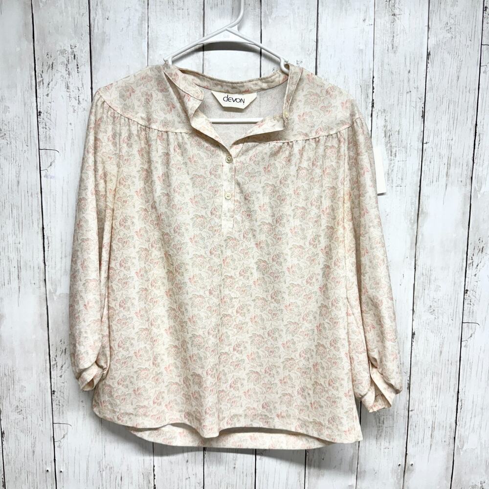 Devon Blouse Women Size Medium Cream Vintage Floral Smocked Long Sleeve Cottage